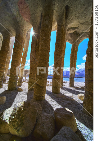 Crowley Lake Stone Columns Sunburst and Rocks Eastern Sierra California Crowley Lake Stone Columns Sunburst and Rocks Eastern Sierra California 137269156