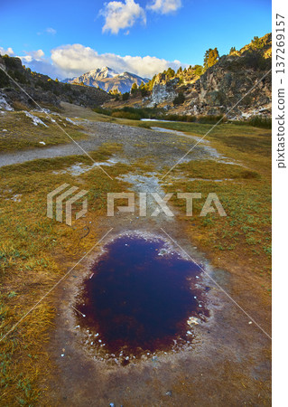 Mountain Landscape with Hot Spring Pool and Rocky Terrain in Vibrant Light 137269157