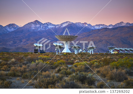 Owens Valley Radio Observatory Array with Snowy Sierra Nevada Mountains at Sunrise 137269202