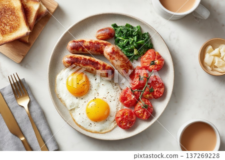 Top-Down Flat-Lay of Breakfast Plate with Sausages, Eggs, and Sides on Light Background 137269228