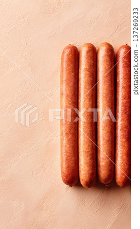 Neatly Aligned Sausage Links on Pastel Background with Soft Lighting 137269233