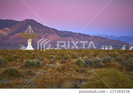 Owens Valley Radio Observatory Array and Sierra Nevada Mountains at Sunset California 137269236