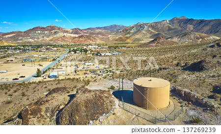 Aerial Water Tank Desert Town and Mountain Landscape Nevada Aerial Water Tank Desert Town and Mountain Landscape Nevada 137269239