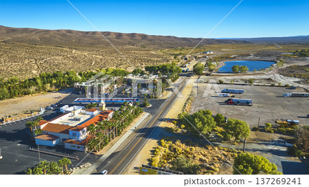 Aerial Nevada Desert Roadside Stop and Commercial Buildings Beatty Aerial Nevada Desert Roadside Stop and Commercial Buildings Beatty 137269241