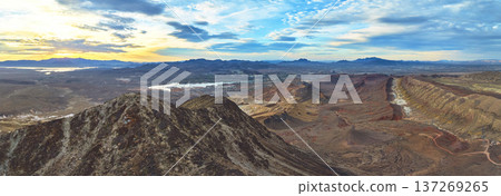 Aerial Sunrise Panorama of Lava Butte Mountains and Lake Las Vegas Nevada 137269265