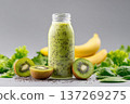 Macro Shot of Fruit Smoothie with Seeds in Transparent Bottle and Fresh Ingredients 137269275