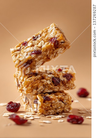 Macro Photo of Stacked Breakfast Energy Bars with Oats and Cranberries 137269287