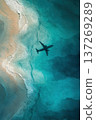 Artistic Plane Shadow Over Teal Waves and Sandy Shoreline 137269289