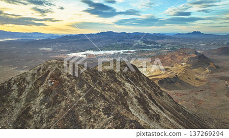 Aerial Lava Butte Mountain and Lake Las Vegas at Sunrise with Expansive Desert View Aerial Lava Butte Mountain and Lake Las Vegas at Sunrise with Expansive Desert View 137269294