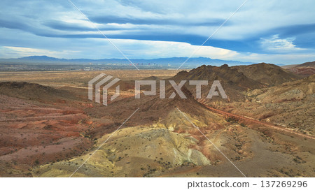 Aerial Lava Butte Desert Landscape With Las Vegas Skyline And Storm Clouds 137269296