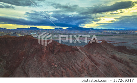 Aerial Lava Butte Red Desert Landscape and Las Vegas Cityscape at Dusk Aerial Lava Butte Red Desert Landscape and Las Vegas Cityscape at Dusk 137269317