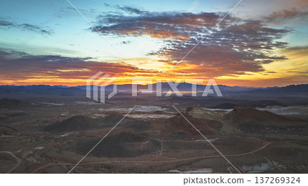 Aerial Sunrise Over Lava Butte and Desert Landscape Near Las Vegas Nevada Aerial Sunrise Over Lava Butte and Desert Landscape Near Las Vegas Nevada 137269324