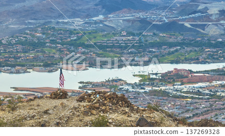 Aerial American Flag On Lava Butte Overlooking Lake Las Vegas And Mountain Landscape Aerial American Flag On Lava Butte Overlooking Lake Las Vegas And Mountain Landscape 137269328