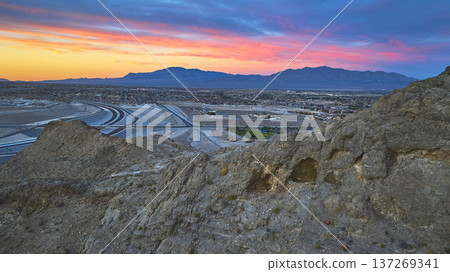 Aerial Lone Mountain Las Vegas Freeway and Desert at Golden Hour 137269341