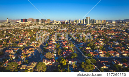 Aerial Las Vegas The Strip Suburban Neighborhoods Golden Hour View Aerial Las Vegas The Strip Suburban Neighborhoods Golden Hour View 137269350