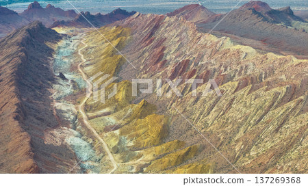Aerial Sunrise Over Colorful Nevada Desert Ridges and Valleys Near Las Vegas 137269368