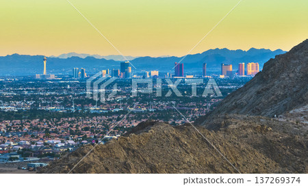 Aerial Las Vegas Strip Lone Mountain and Nevada Suburbs at Golden Hour Aerial Las Vegas Strip Lone Mountain and Nevada Suburbs at Golden Hour 137269374