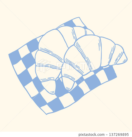 French croissant on checkered cloth in modern blue outline style. Hand drawn bakery vector illustration for breakfast menu, cafe branding, pastry packaging and gourmet food design French croissant on checkered cloth in modern blue outline style. Hand drawn bakery vector illustration for breakfast menu, cafe branding, pastry packaging and gourmet food design 137269895