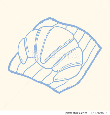 Hand drawn croissant on napkin in minimalist blue line style. French bakery pastry vector illustration ideal for cafe menu, breakfast branding, packaging, bakery logo and food print design Hand drawn croissant on napkin in minimalist blue line style. French bakery pastry vector illustration ideal for cafe menu, breakfast branding, packaging, bakery logo and food print design 137269896
