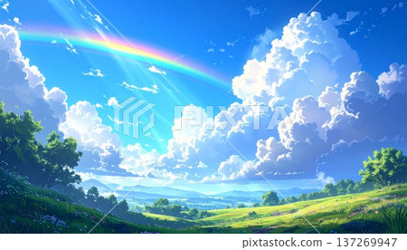 一幅彩虹在藍天下閃耀，周圍環繞著翠綠植物的插圖 - 人工智慧生成素材 137269947