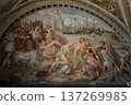 Large narrative renaissance fresco scene with figures architecture and dramatic composition museum wall interior Rome Italy detailed cultural heritage. High quality photo 137269985