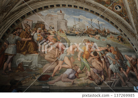 Large narrative renaissance fresco scene with figures architecture and dramatic composition museum wall interior Rome Italy detailed cultural heritage. High quality photo 137269985