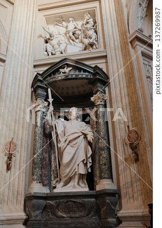 Archbasilica of Saint John Lateran Rome exterior facade and grand baroque interior with golden coffered ceiling vast nave marble statues side chapels ornate altar apse and dome Catholic basilica 137269987