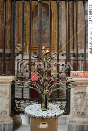 Archbasilica of Saint John Lateran interior Rome golden coffered ceiling marble columns statues ornate chapels baptistery and apse Catholic basilica Italy. High quality photo Archbasilica of Saint John Lateran interior Rome golden coffered ceiling marble columns statues ornate chapels baptistery and apse Catholic basilica Italy. High quality photo 137269998