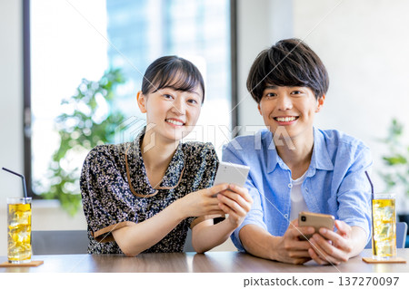 A man and a woman in a cafe A man and a woman in a cafe 137270097