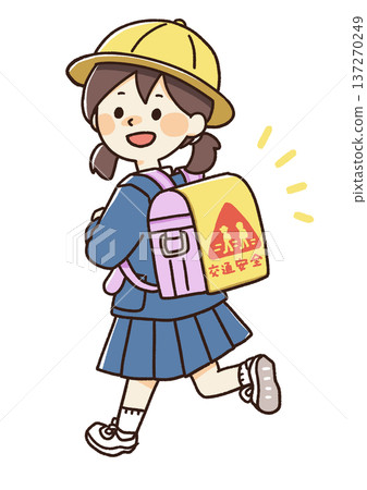 Illustration of an elementary school student carrying a school bag for traffic safety 137270249