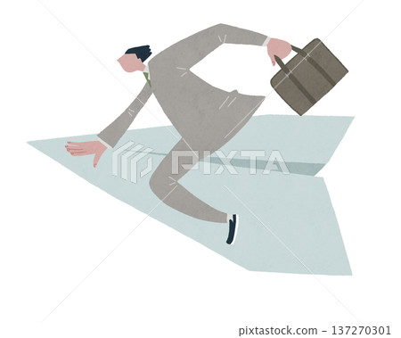 A businessman flying on paper airplane A businessman flying on paper airplane 137270301