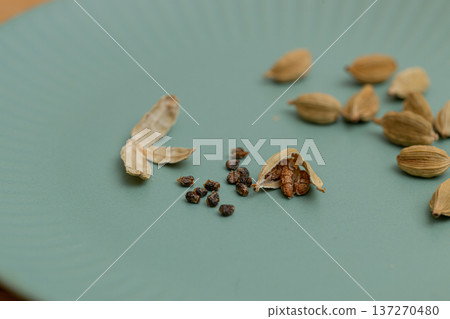Cardamom seeds - spice stock photo - Cardamom is said to be good for preventing hay fever 137270480