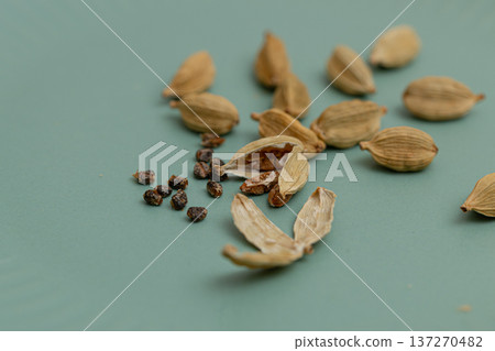 Cardamom seeds - spice stock photo - Cardamom is said to be good for preventing hay fever Cardamom seeds - spice stock photo - Cardamom is said to be good for preventing hay fever 137270482