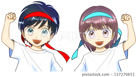 運動會，動漫風格插畫，男孩和女孩戴著彩色髮帶，面帶微笑，擺出擊拳慶祝的姿勢，白色背景 137270651
