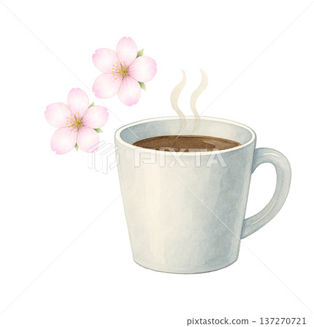 咖啡與櫻花水彩插畫，春日咖啡館時光，自然材質 137270721