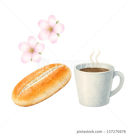 咖啡、麵包和櫻花水彩插畫，描繪了春日咖啡館的早晨早餐場景。 137270876