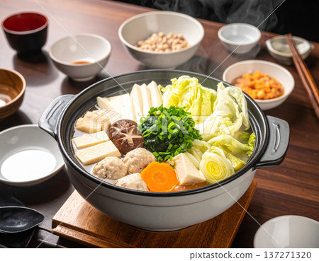 Hot pot with lots of ingredients and vegetables - warm home-cooked food 137271320
