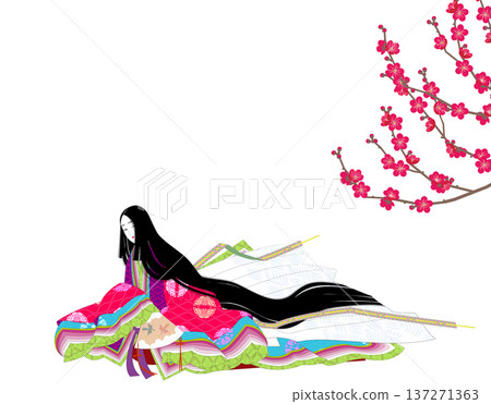 Traditional Japanese kimono formal wear. Twelve-layered kimono costume. Red plum blossoms and Heian women. Traditional Japanese kimono formal wear. Twelve-layered kimono costume. Red plum blossoms and Heian women. 137271363