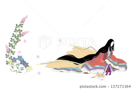 Traditional Japanese kimono formal wear. Twelve-layered kimono costume. Autumn flowers and Heian women. 137271364