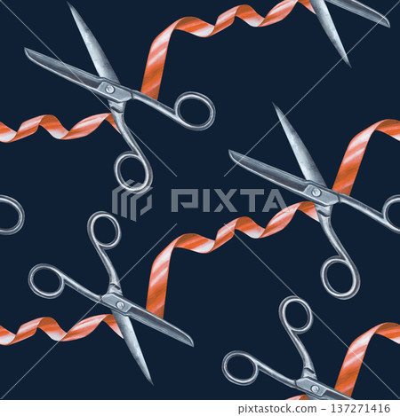 Diagonal seamless pattern with red ribbon and iron scissors. Realistic watercolor illustration of a working tool on a dark background. Background for packaging, wallpaper, textiles. Diagonal seamless pattern with red ribbon and iron scissors. Realistic watercolor illustration of a working tool on a dark background. Background for packaging, wallpaper, textiles. 137271416