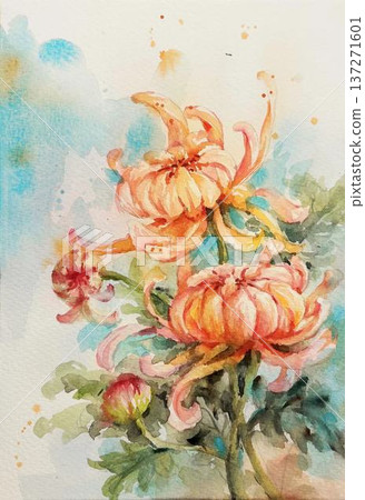 watercolor painting of leaf and flowers 137271601