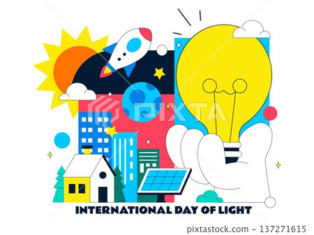 International Day Of Light Vector Illustration Featuring Light Bulb Solar Energy Cityscape And Rocket For Science Innovation Celebration Background International Day Of Light Vector Illustration Featuring Light Bulb Solar Energy Cityscape And Rocket For Science Innovation Celebration Background 137271615