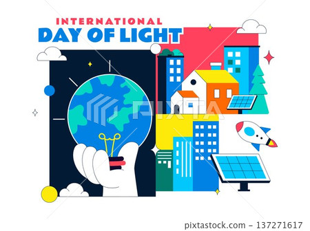 International Day Of Light Vector Illustration Featuring Light Bulb Solar Energy Cityscape And Rocket For Science Innovation Celebration Background 137271617