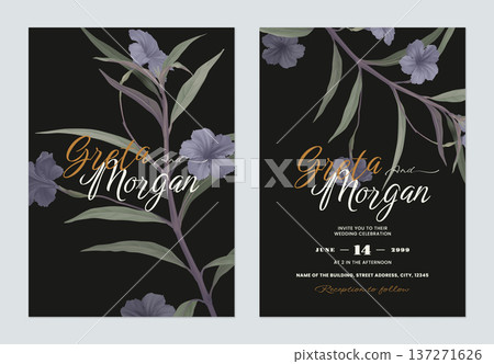 Floral wedding invitation card template, ruellia tuberosa flowers and leaves on black 137271626