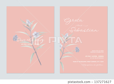 Floral wedding invitation card template, ruellia tuberosa flowers on pink Floral wedding invitation card template, ruellia tuberosa flowers on pink 137271627