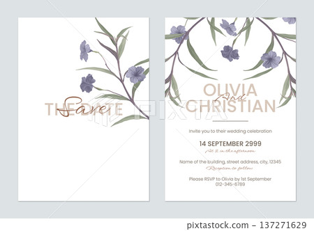 Minimalist floral wedding invitation card template, ruellia tuberosa flowers and leaves on white 137271629