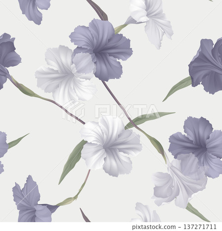 Floral seamless pattern, ruellia tuberosa flowers and leaves on grey Floral seamless pattern, ruellia tuberosa flowers and leaves on grey 137271711