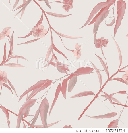 Floral seamless pattern, red ruellia tuberosa flowers and eucalyptus on brown 137271714