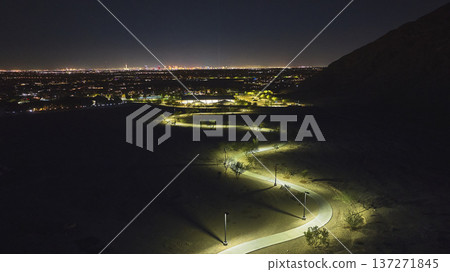 Aerial Night View Illuminated Walking Path Lone Mountain Park Las Vegas Skyline Aerial Night View Illuminated Walking Path Lone Mountain Park Las Vegas Skyline 137271845