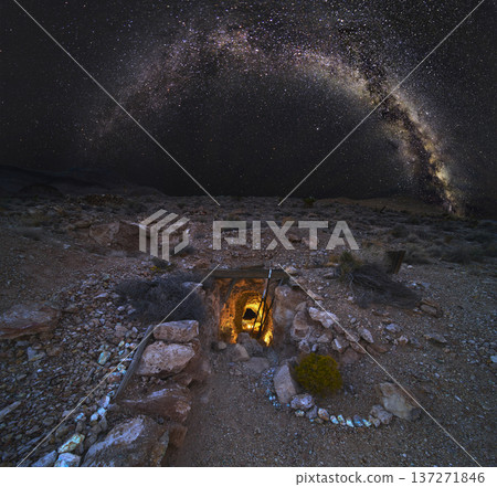 Abandoned Mine Entrance With Light Painting Under Milky Way Night Sky In Nevada 137271846